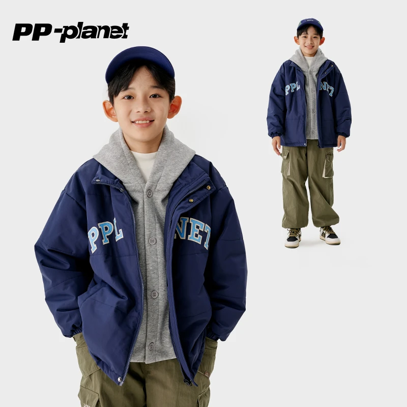 PP星球男童假两件拼接卫衣棉服连帽外套新款冬季中大童棉袄潮
