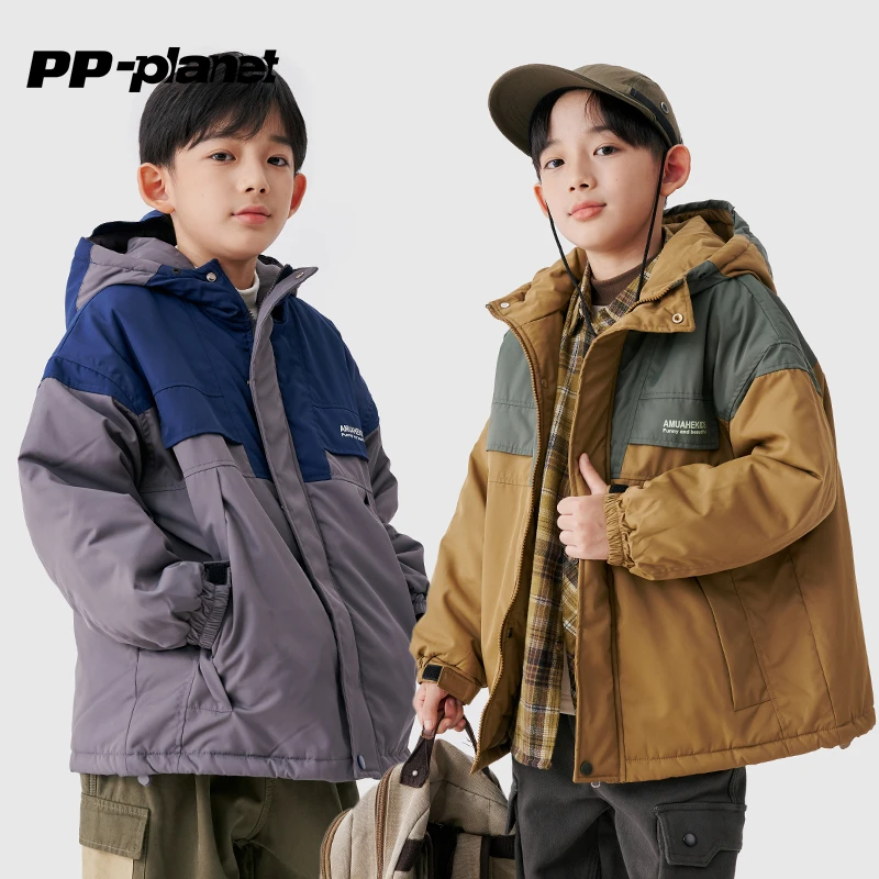 PP星球童装男童棉服外套冬季新款工装休闲连帽加厚棉衣中大童