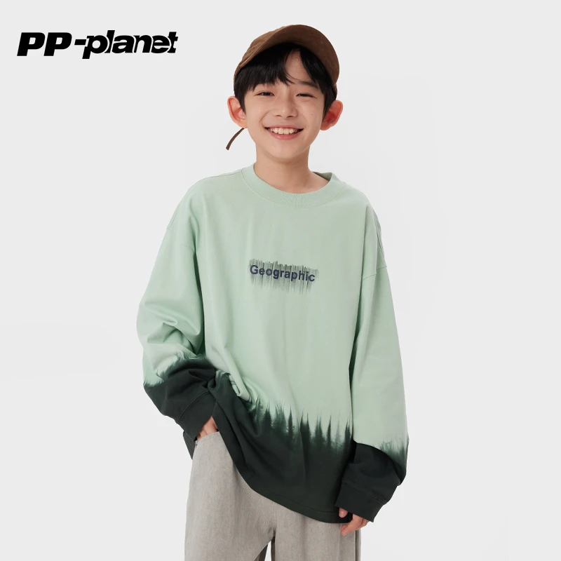 PP星球儿童时髦喷印渐变色卫衣T恤男童长袖上衣中大童撞色休闲t恤
