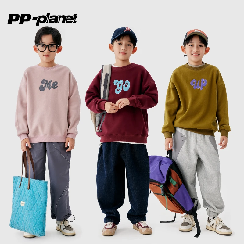 PP星球原创童装儿童保暖奥粒绒卫衣初春男女童贴布绣字母卫衣