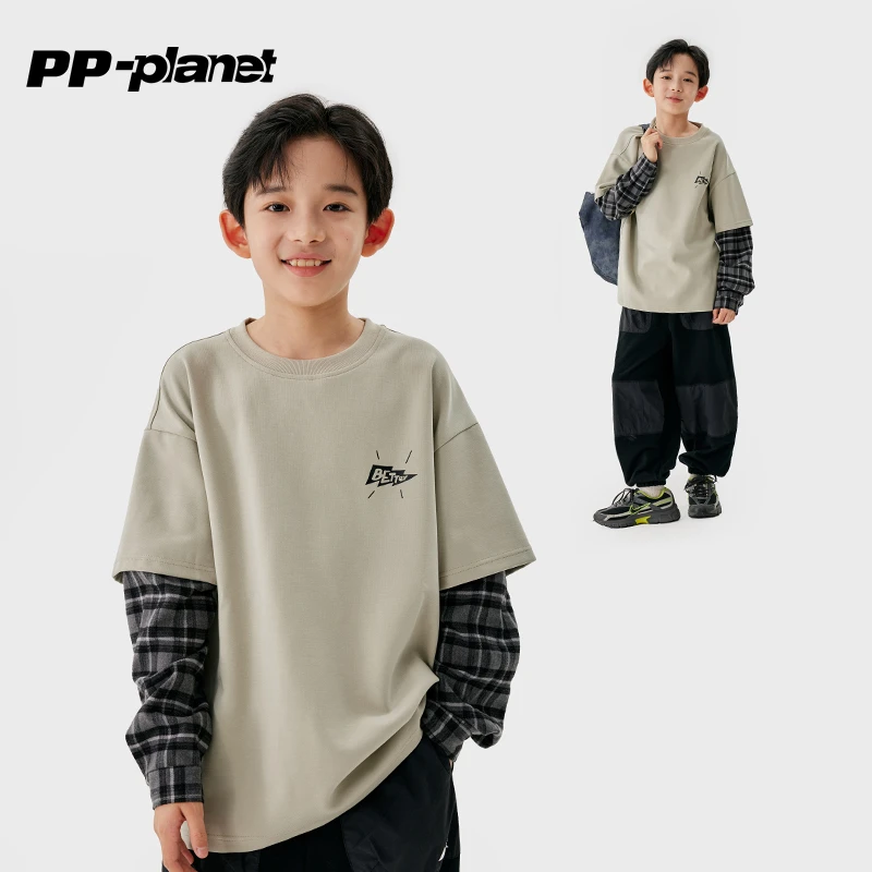 pp星球童装男长袖假两件T恤儿童秋装新款中大童拼接休闲卫衣