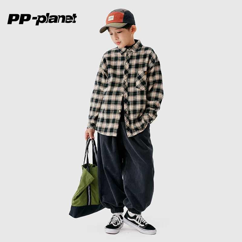 PP星球童装男女童衬衣外套初春新款柔软磨毛保暖翻领格子衬衫