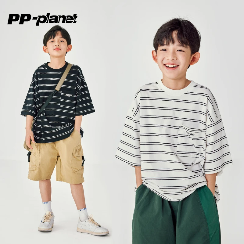 PP星球童装儿童短袖T恤2023夏季新款男女童休闲条纹简约短袖T恤潮