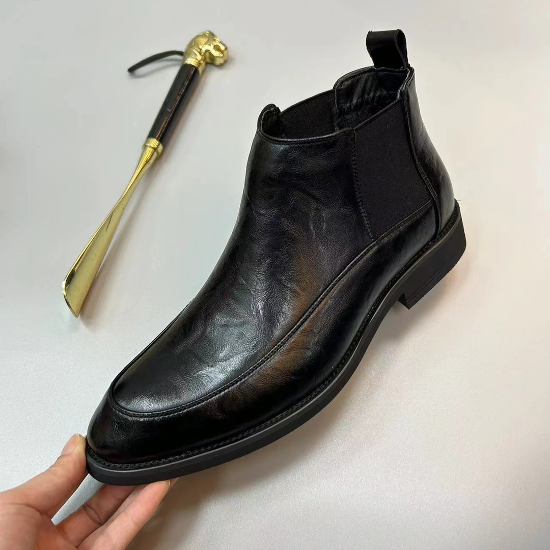2023冬季新品8公分中邦加绒尖头英伦风商务休闲真皮牛皮男士皮鞋