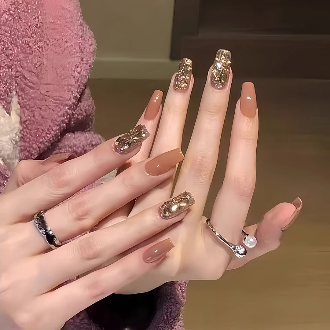 纯手工穿戴美甲裸色气质千金温柔肉桂轻奢满钻假指甲贴片中长梯形