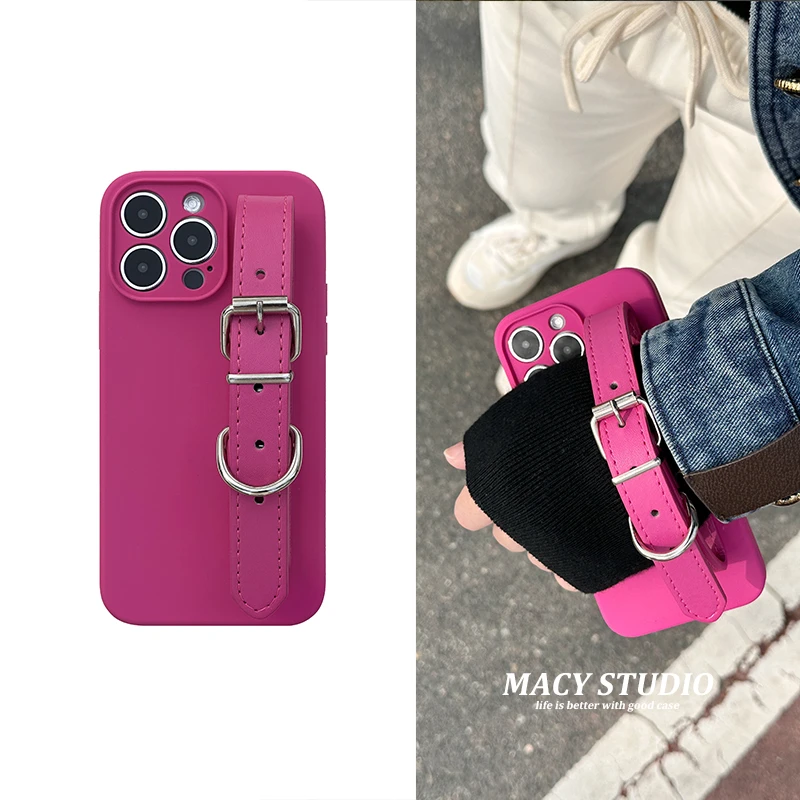 MACY可爱芭比粉防丢皮腕带手机壳iphone14promax全包硅胶壳防摔13