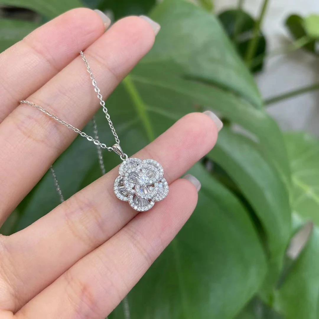 坠链均925银 超高版 轻奢重工山茶花超闪梯方锆项链  AX-8274