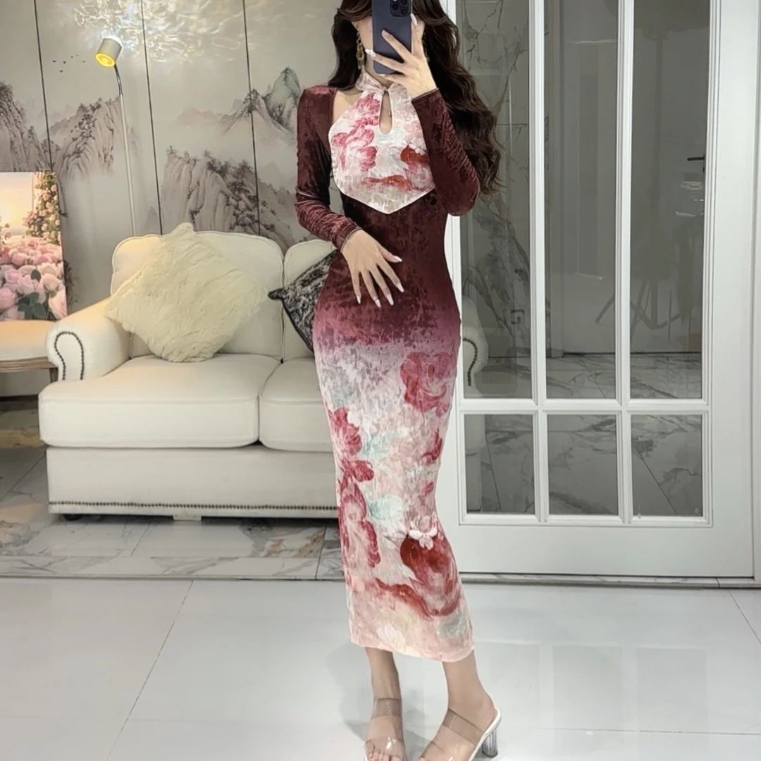 气质女人味轻奢立领镂空长袖定位花花色印花百搭拼接开衩连衣裙