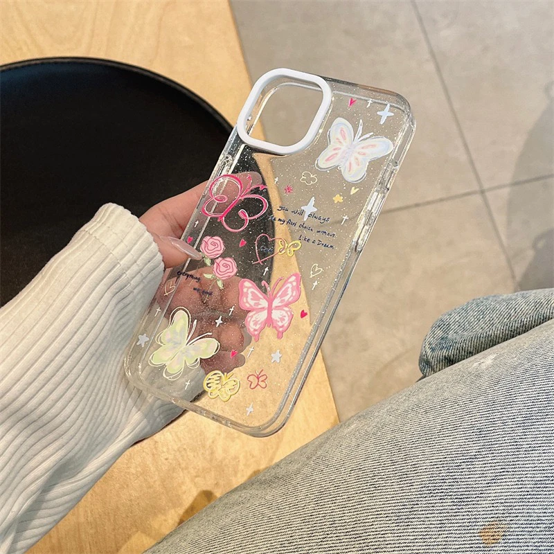 春天闪粉蝴蝶花朵涂鸦适用iphone15Promax苹果13/14手机壳11/12女