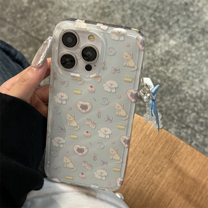 奶蓝可爱猫咪小狗插画适用iphone16Promax苹果15手机壳14女12双层