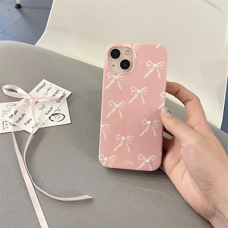 少女粉色珍珠蝴蝶结适用iphone15Promax苹果13手机壳11立体12女14