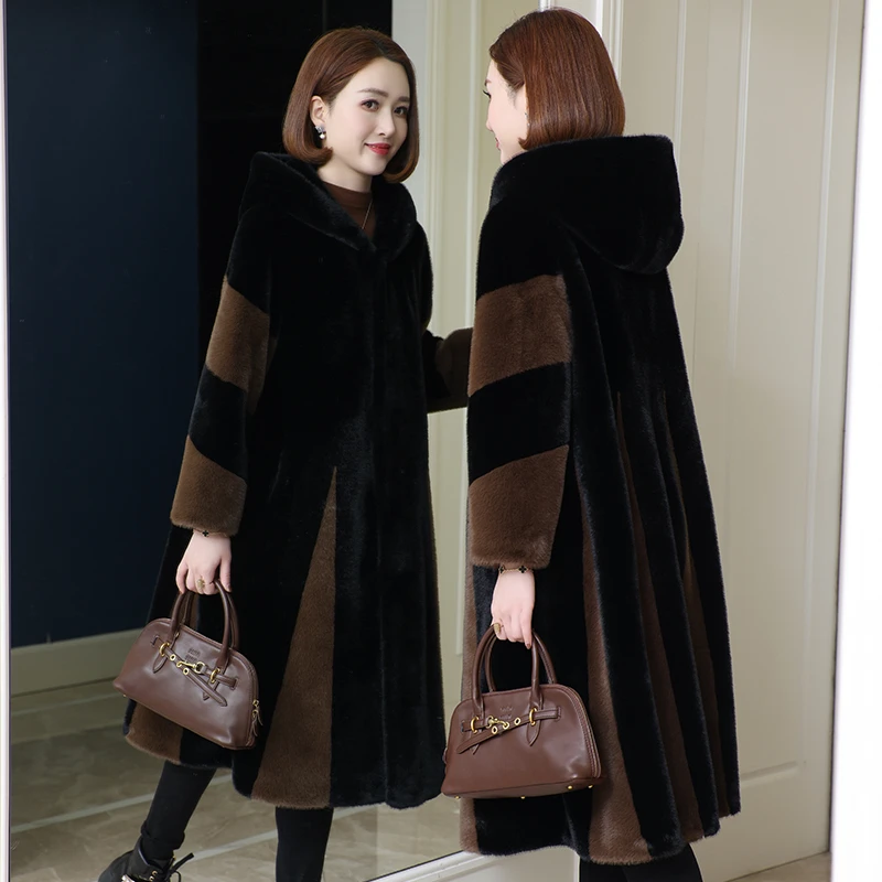 2025冬新款海宁皮毛一体大衣女中长款连帽仿水貂毛貂绒雪兰貂外套