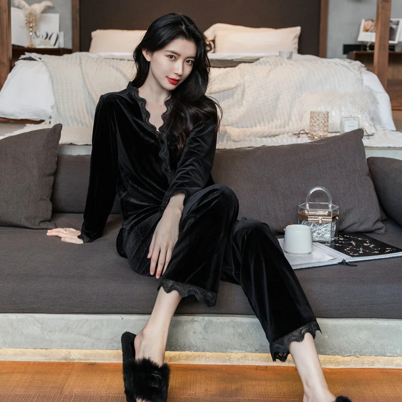 春秋季长袖金丝绒睡衣女士性感简约黑色秋冬家居服女款两件套装