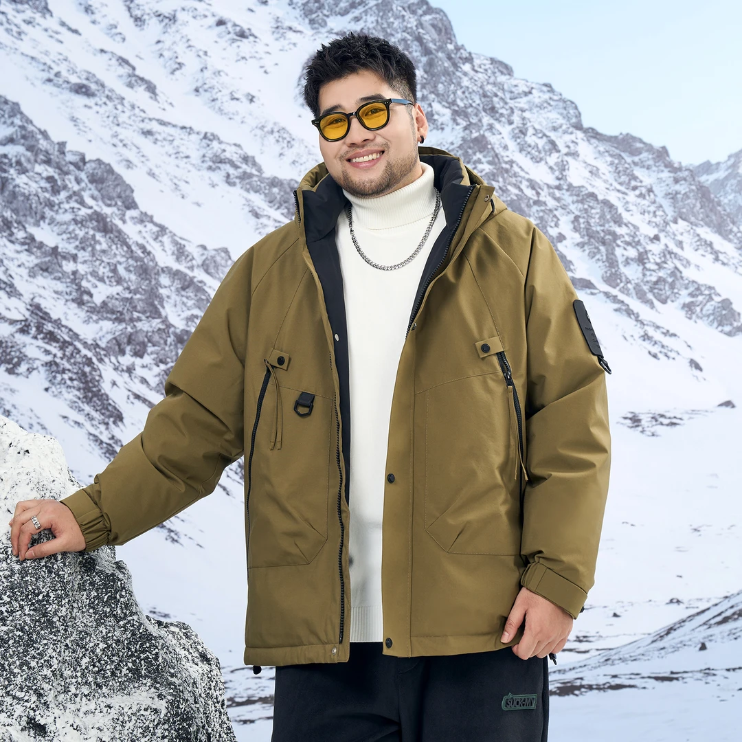 【90白鸭绒-极寒蓄热】森老板大码男装胖子防风连帽羽绒服外套男