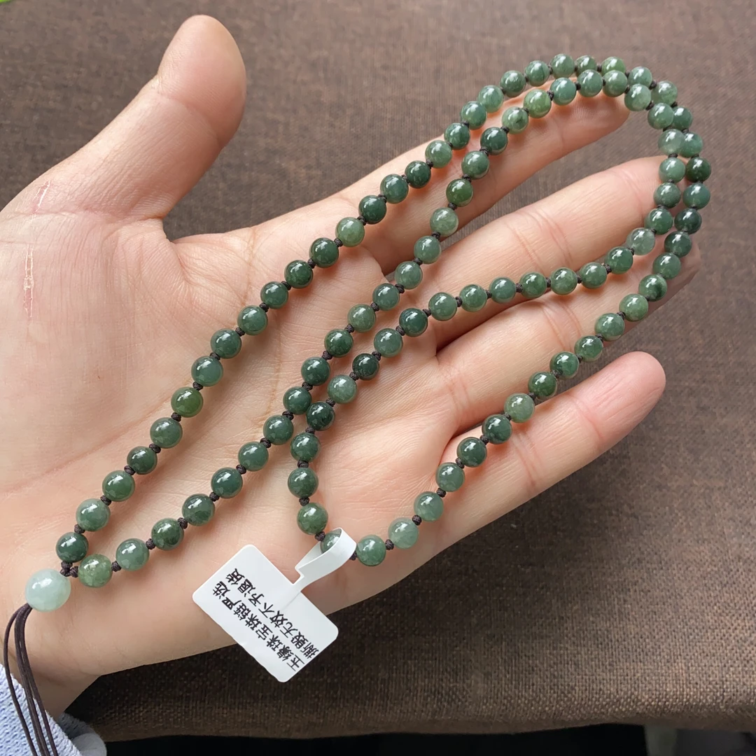 天然翡翠A货冰透油青圆珠5.8mm玉石珠链项链颈饰百搭保真60厘米