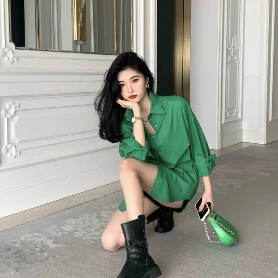 2025春秋季复古绿显白气质洋气衬衣高腰阔腿修身短裤休闲宽松西装