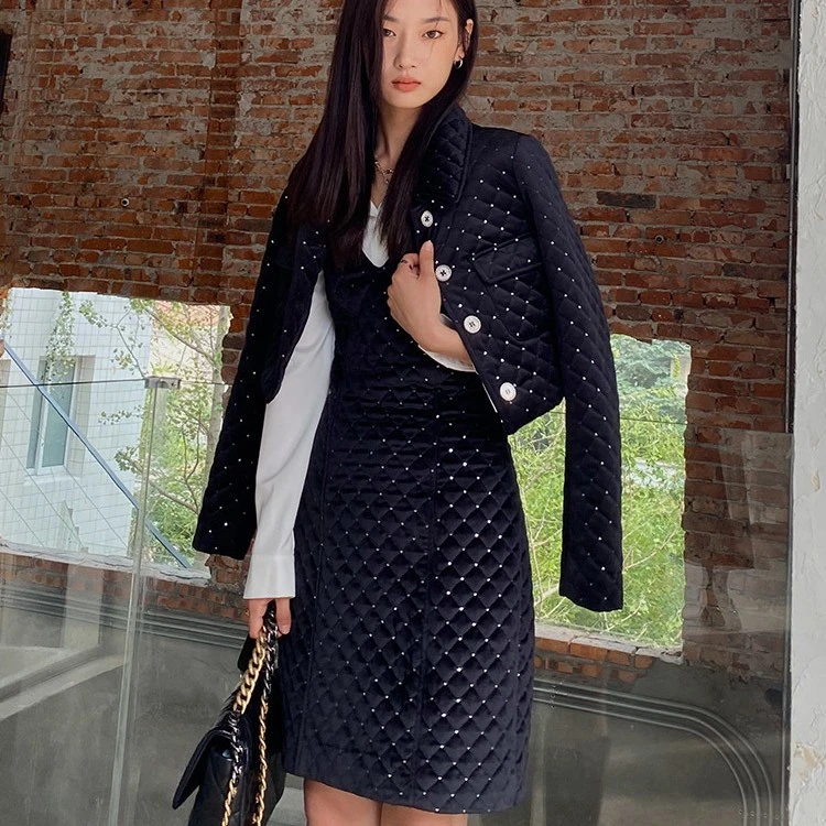 【LaluneDuCiel】LLDC 秋冬时尚女格纹绗棉外套+裙子两件套装女