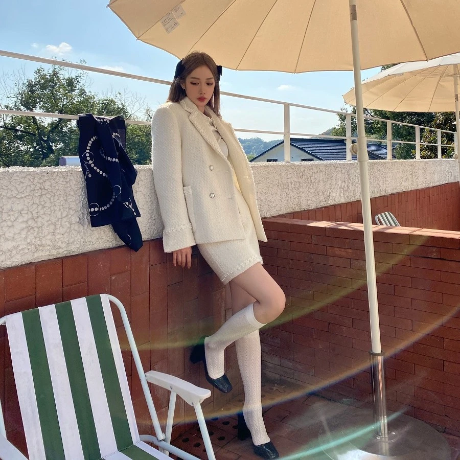 【LaluneDuCiel】LLDC 小香风夹棉毛呢外套女+半身裙两件套装
