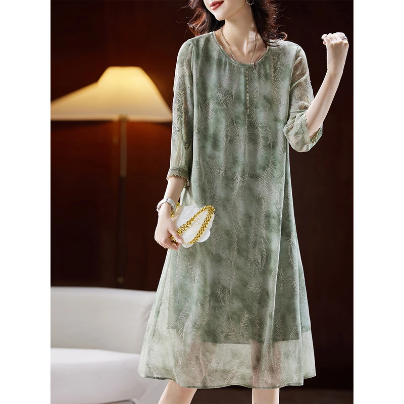 衣品乐原创宽松大码夏季新款女清新印花蕾丝钉珠连衣裙C1887