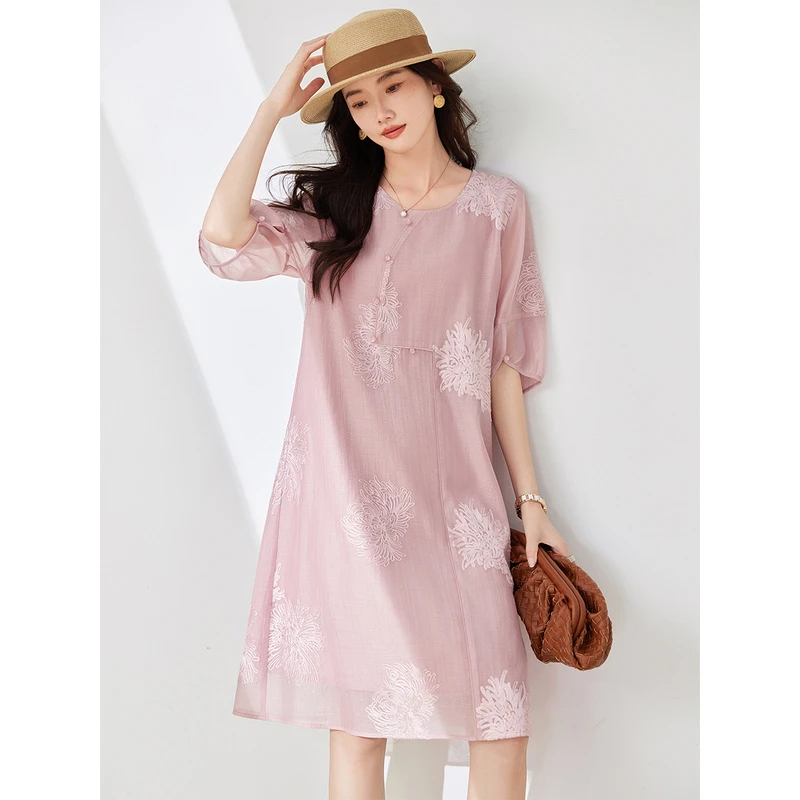粉色刺绣新中式连衣裙女夏新款宽松大码气质显瘦a字裙子TC2691