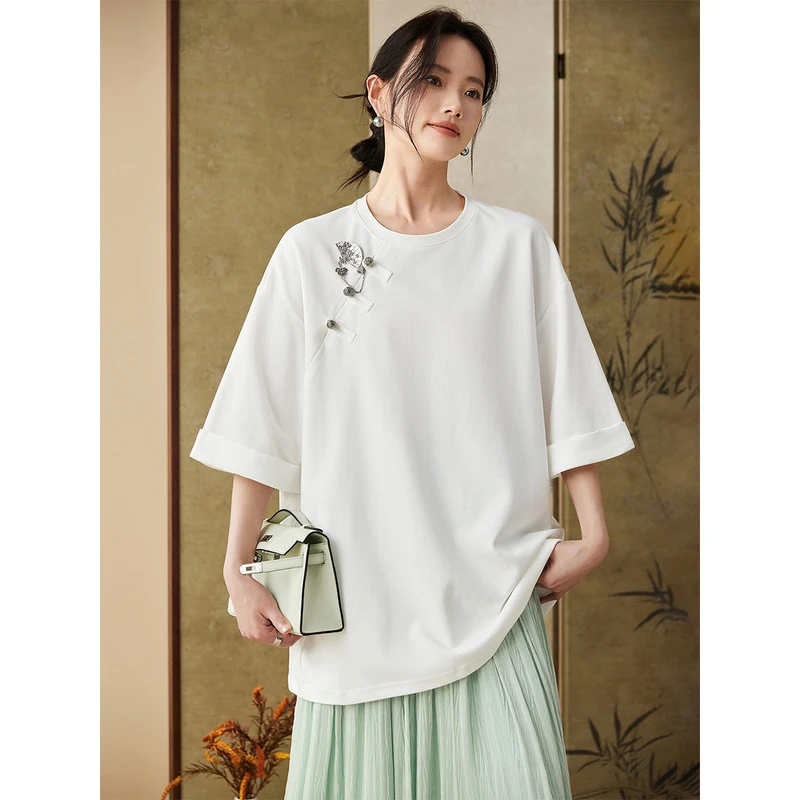 白色新中式国风短袖t恤女夏季新款宽松半袖体恤遮肉上衣TC1434