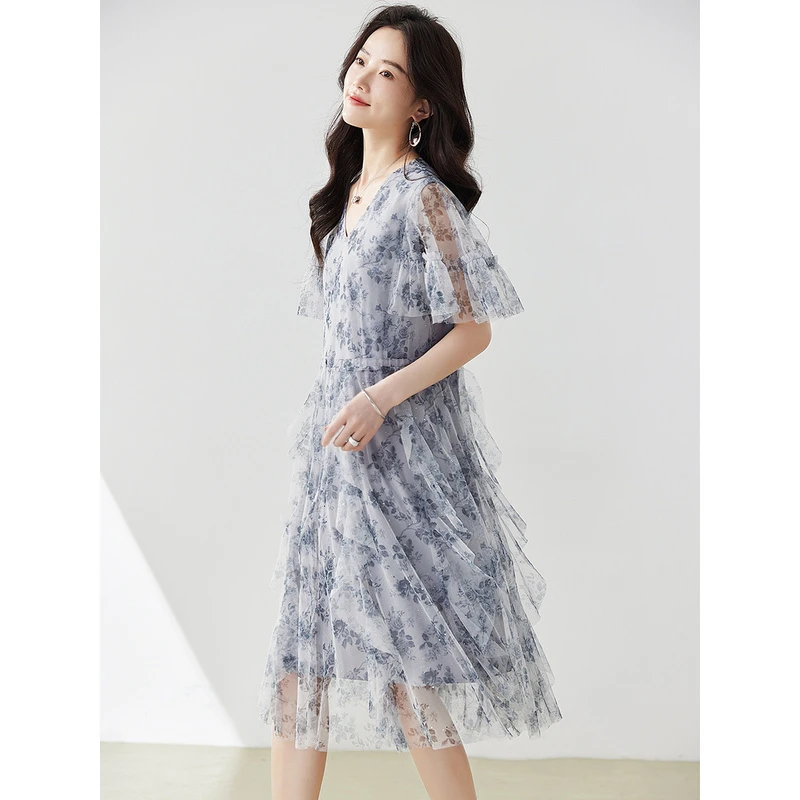 印花V领雪纺连衣裙女夏新款宽松大码气质显瘦a字裙TC2282