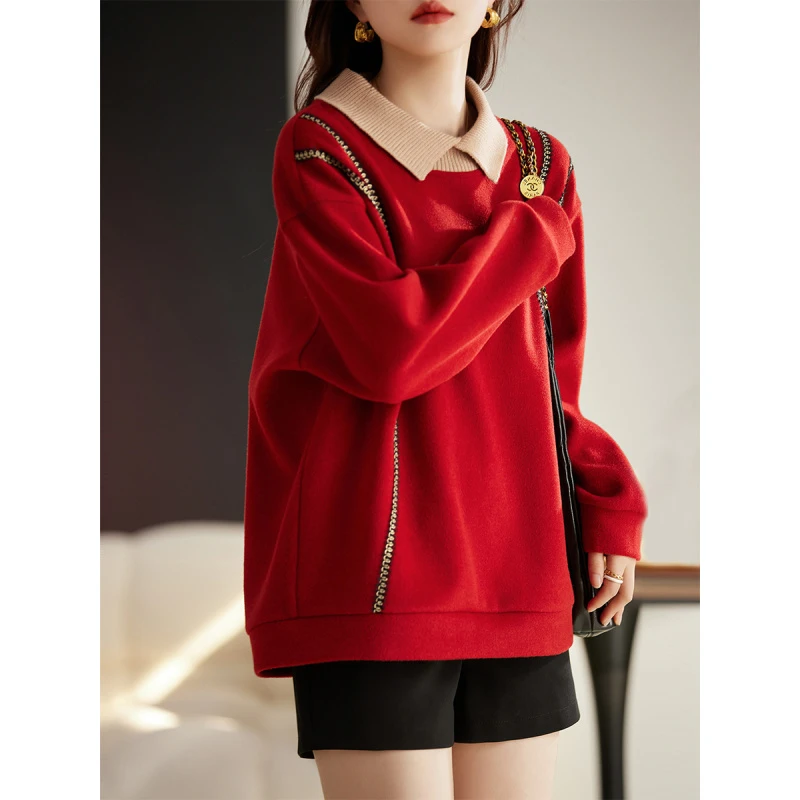 红色呢子polo领卫衣女秋冬加厚装新款宽松洋气假两件上衣B8203