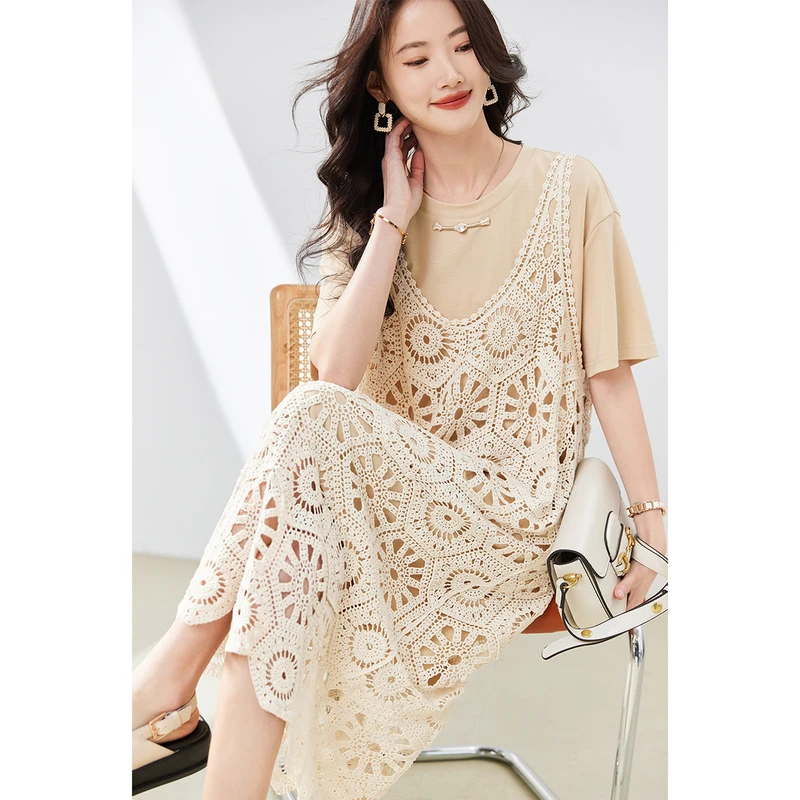 新中式短袖t恤背带连衣裙两件套女夏宽松大码直筒裙套装TC1965