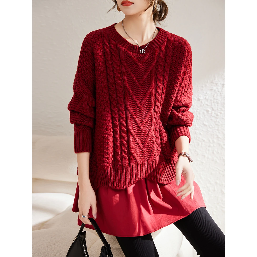 新年红毛衣女冬加厚新款宽松外穿洋气显瘦针织假两件上衣B9400