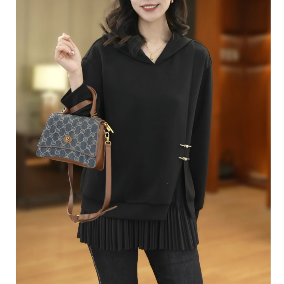 【衣品乐设计款】新中式拼接黑色连帽卫衣女春季宽松上衣DUB9910