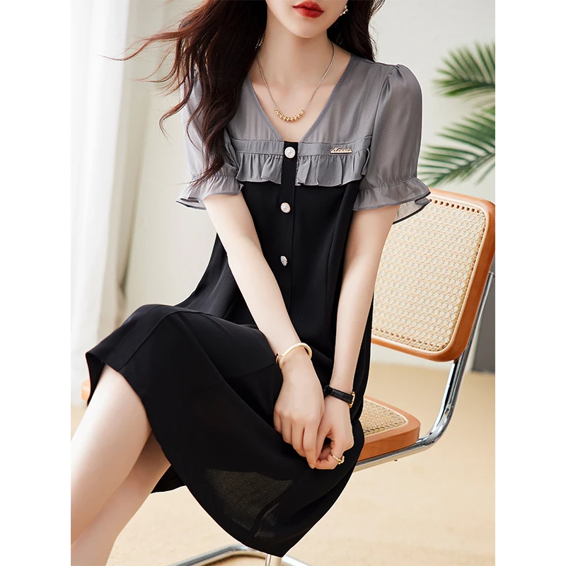 V领假两件雪纺连衣裙女夏装新款宽松大码胖mm显瘦直筒裙B5762