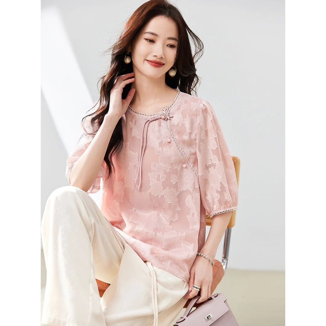 粉色新中式盘扣提花衬衫女夏新款宽松五分袖小衫洋气上衣TC1990