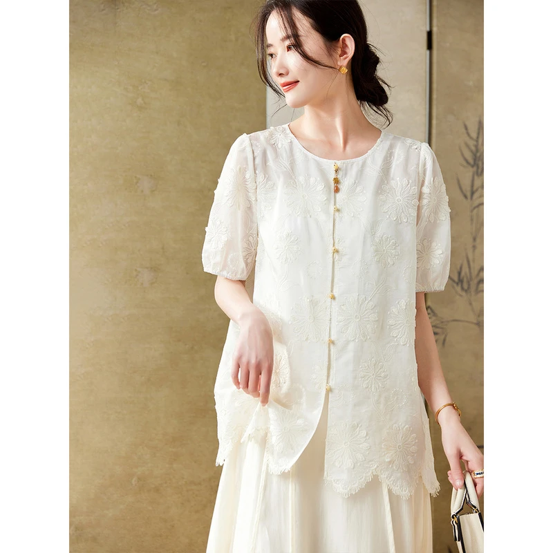 白色短袖衬衫女夏季新款宽松大码小衫遮肚子显瘦开衫上衣TC1986