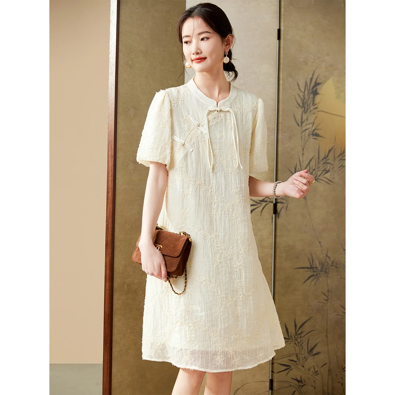 新中式盘扣旗袍短袖连衣裙女夏季新款宽松气质显瘦直筒裙TC1973