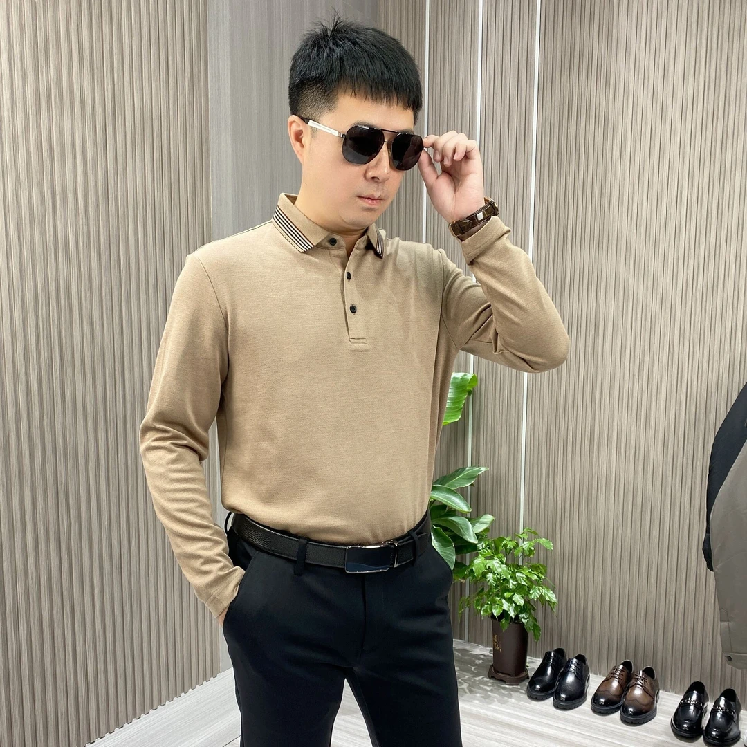 【大叔严选】品质男士商务翻领长袖T恤休闲男装DK50针织纯色日常