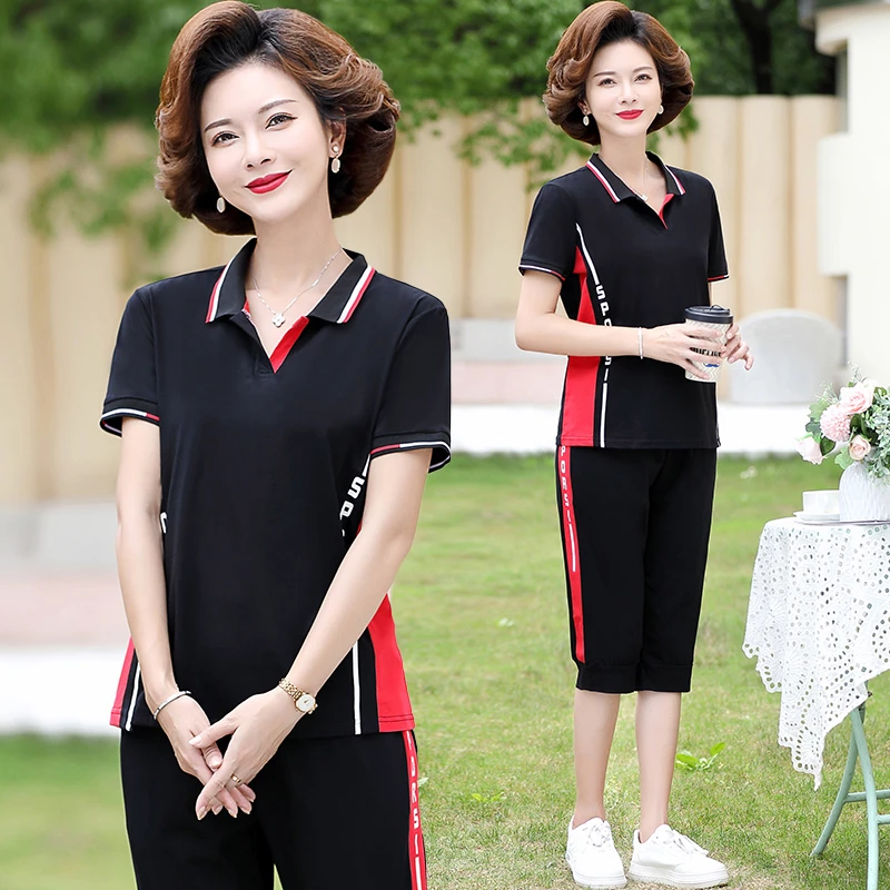 中老年妈妈时尚洋气短袖七分裤休闲运动衣服女夏装夏季中年套装薄