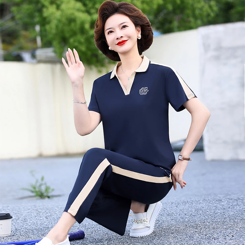 减龄妈妈短袖休闲运动衣服套装女2025夏季新款中年V领T恤两件套