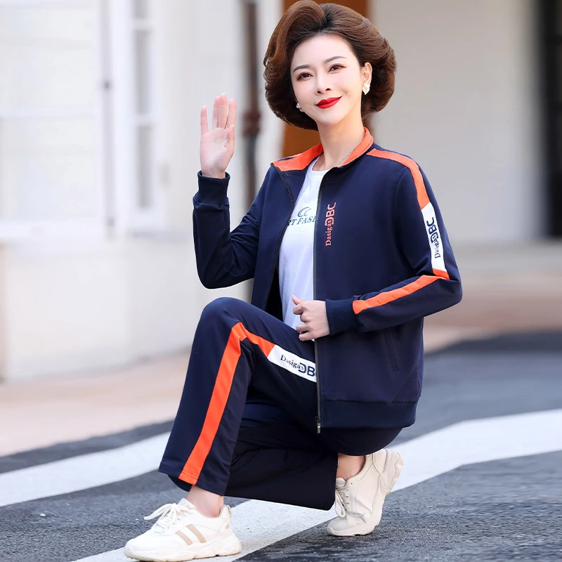 中老年妈妈时尚休闲开衫短外套上衣运动服女2025春秋款三两件套装