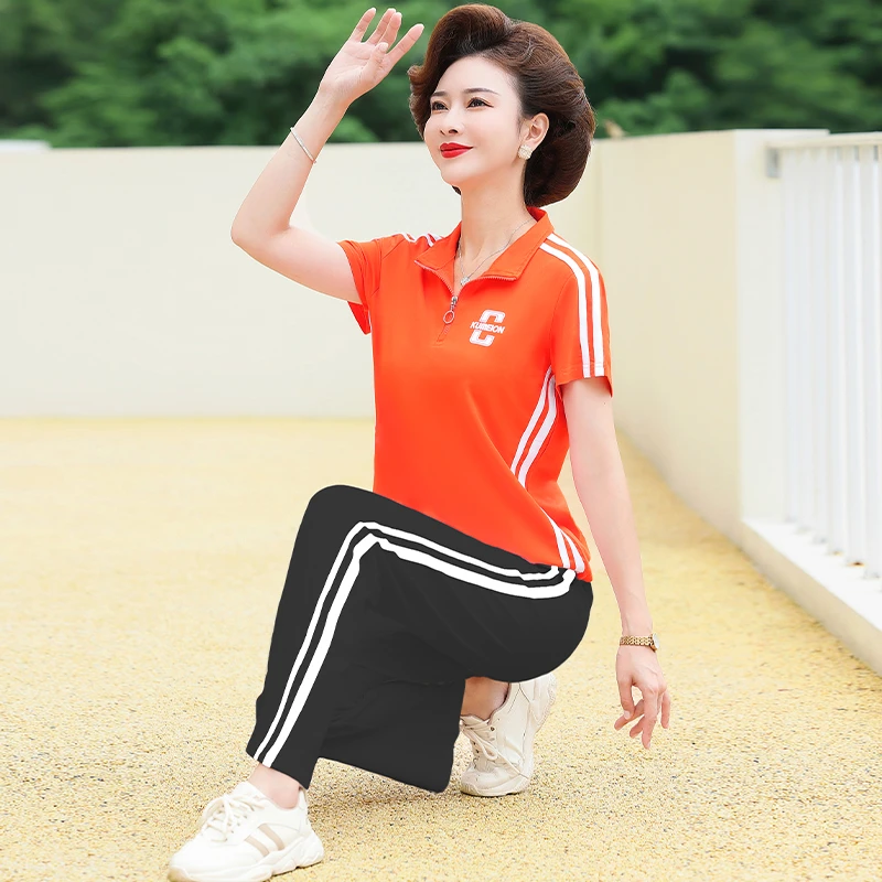 妈妈短袖休闲运动衣服套装女2025夏季新款中年广场舞时尚两件套