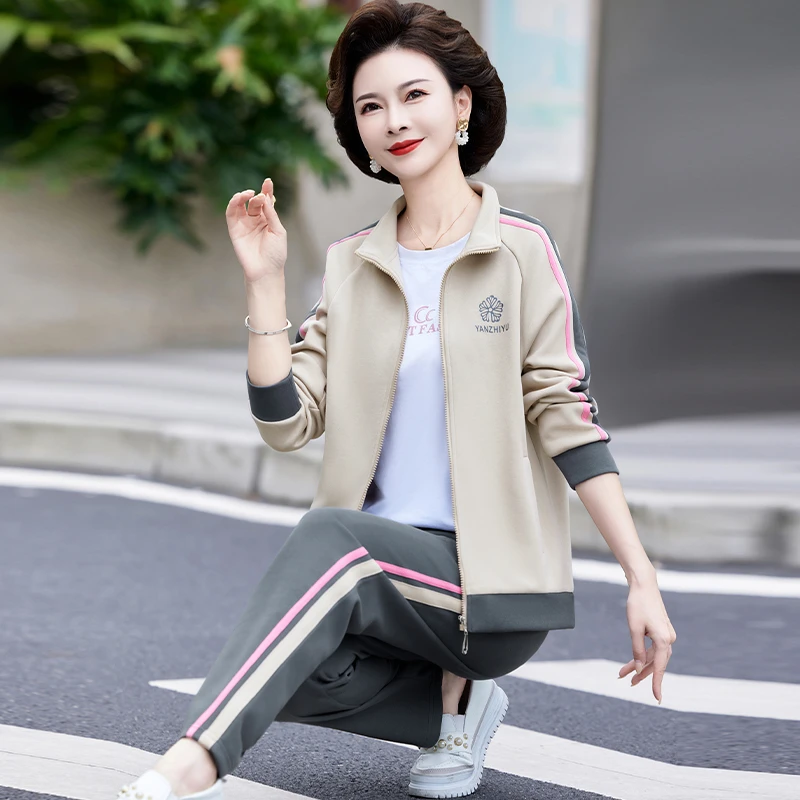 中老年妈妈2025春秋装新款长袖外套休闲运动服女中年时尚两件套装