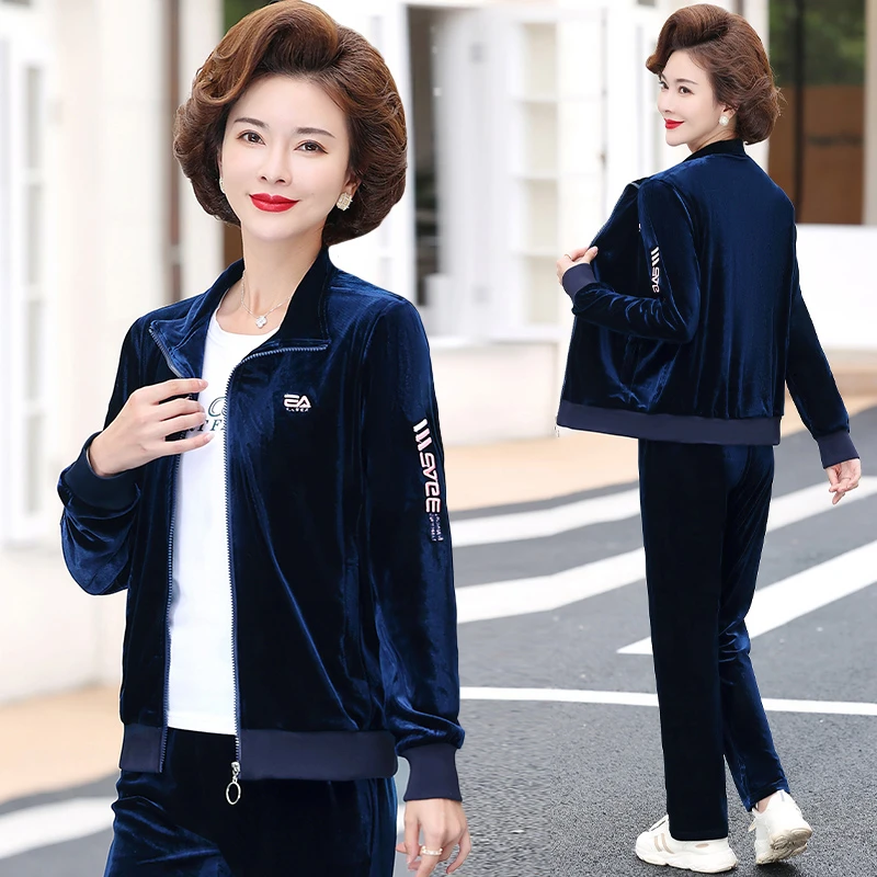 中年妈妈金丝绒短外套女时尚休闲运动服套装春秋款中老年三两件套