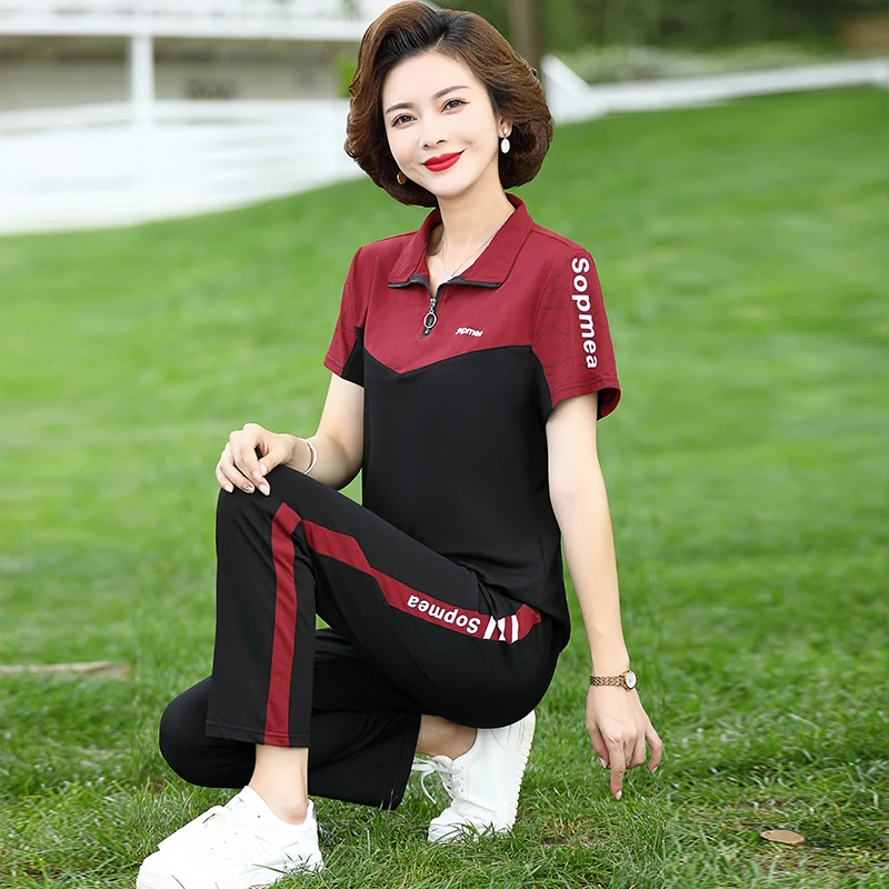 中老年妈妈短袖休闲运动衣服女2025夏季新款时尚洋气中年两件套装