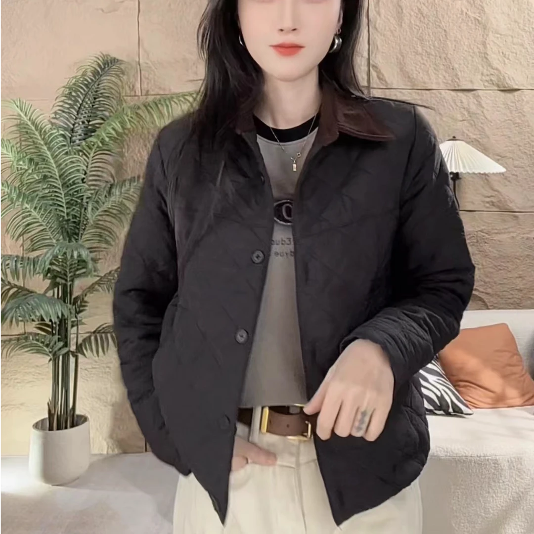 秋冬衬衫领时尚菱格棉短外套领子拼色女外套休闲百搭气质宽松外套