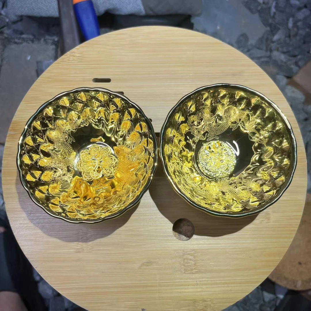 手工茶器 全金双龙盘龙金凤对杯
