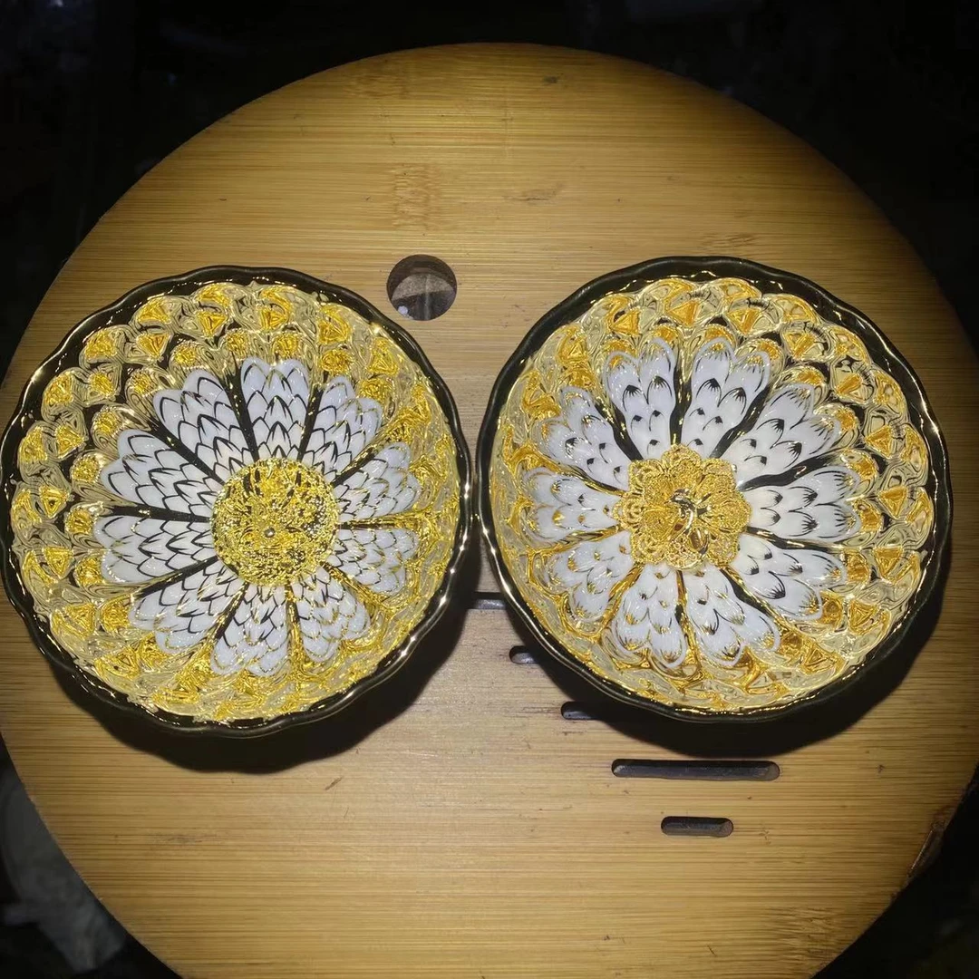 手工茶器 金玉满堂盘龙杯+和和美美孔雀对杯