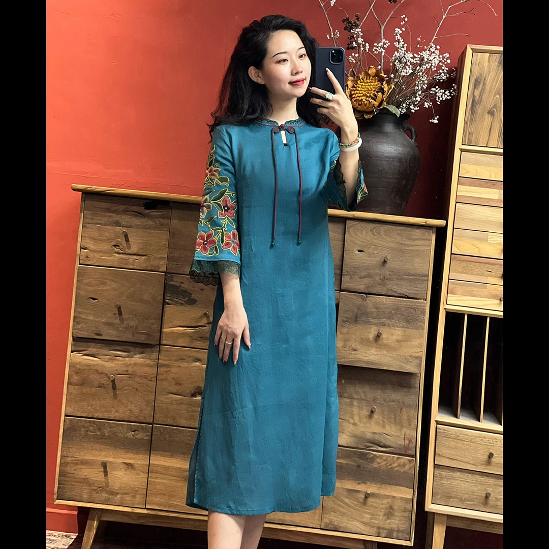 原创民族风国风一字盘扣刺绣复古连衣裙宽松显瘦长裙L042