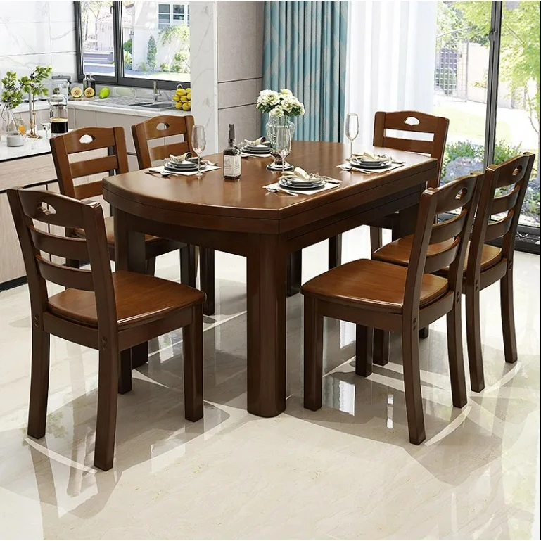 全实木餐桌折叠饭桌家用餐桌椅组合现代简约可伸缩圆桌小户型桌子