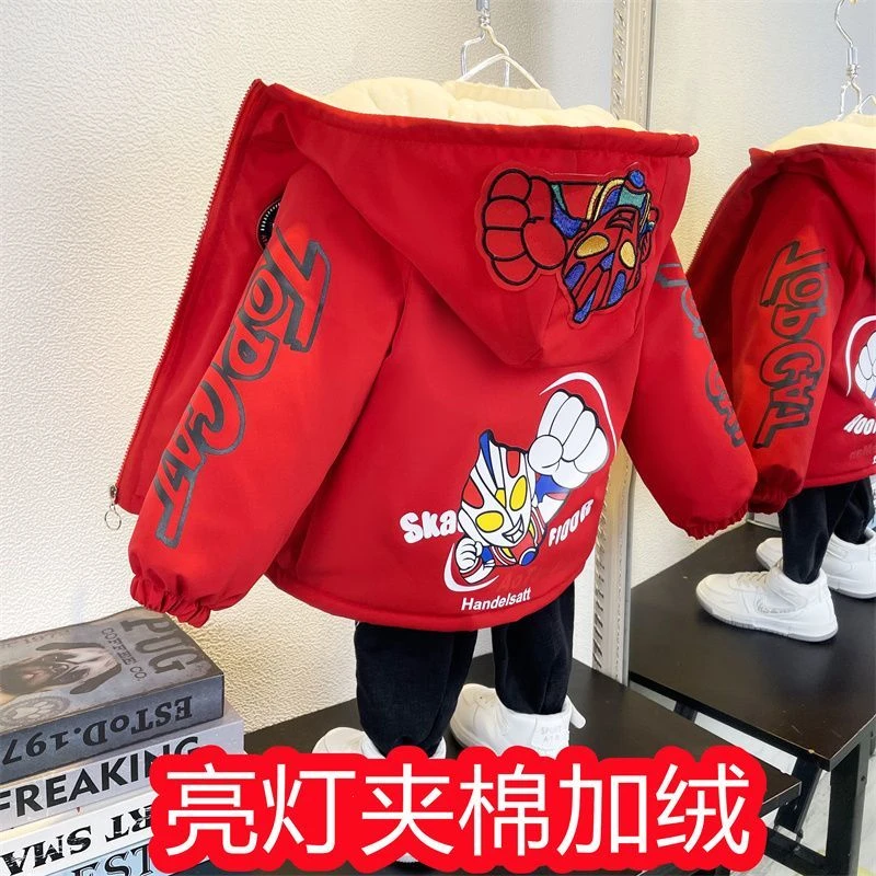 亮灯奥特曼夹棉加绒棉衣男童外套秋冬装新款蜘蛛侠棉服儿童装棉袄