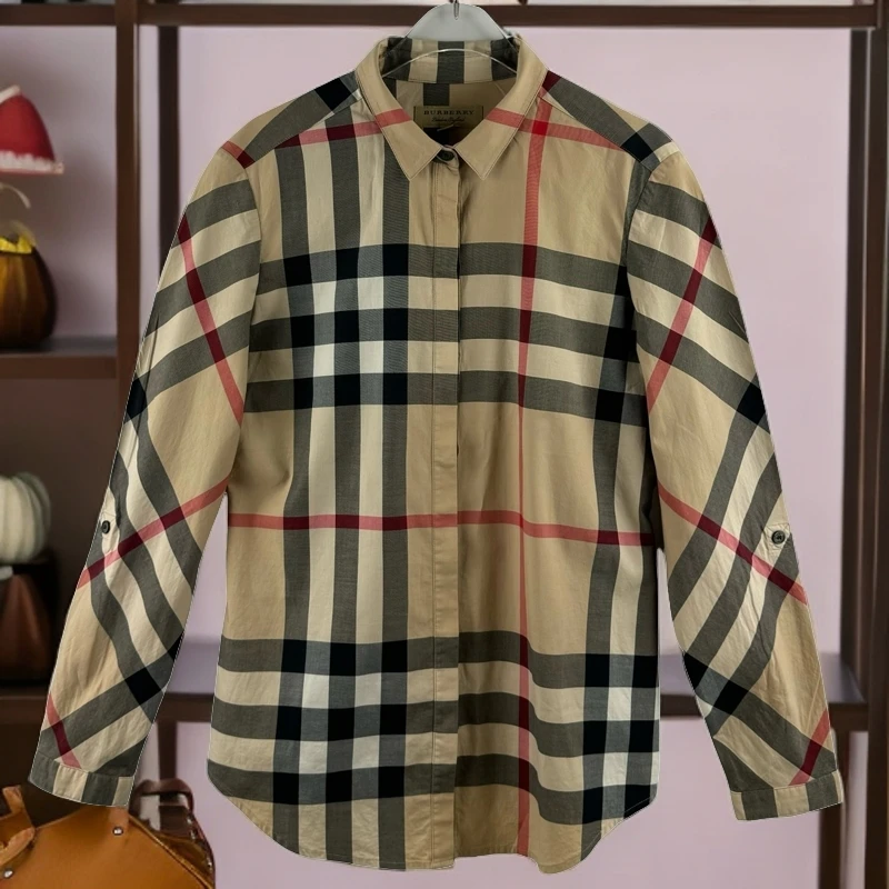 99新 9043110 Burberry博柏利 格纹翻领女士收腰长袖衬衫驼色 S码