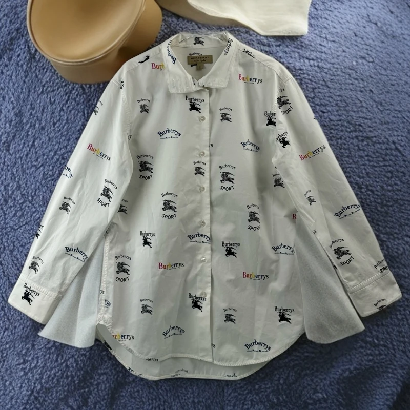 99新 9308907 Burberry博柏利 logo翻领女款衬衫 白色 UK8码 微瑕
